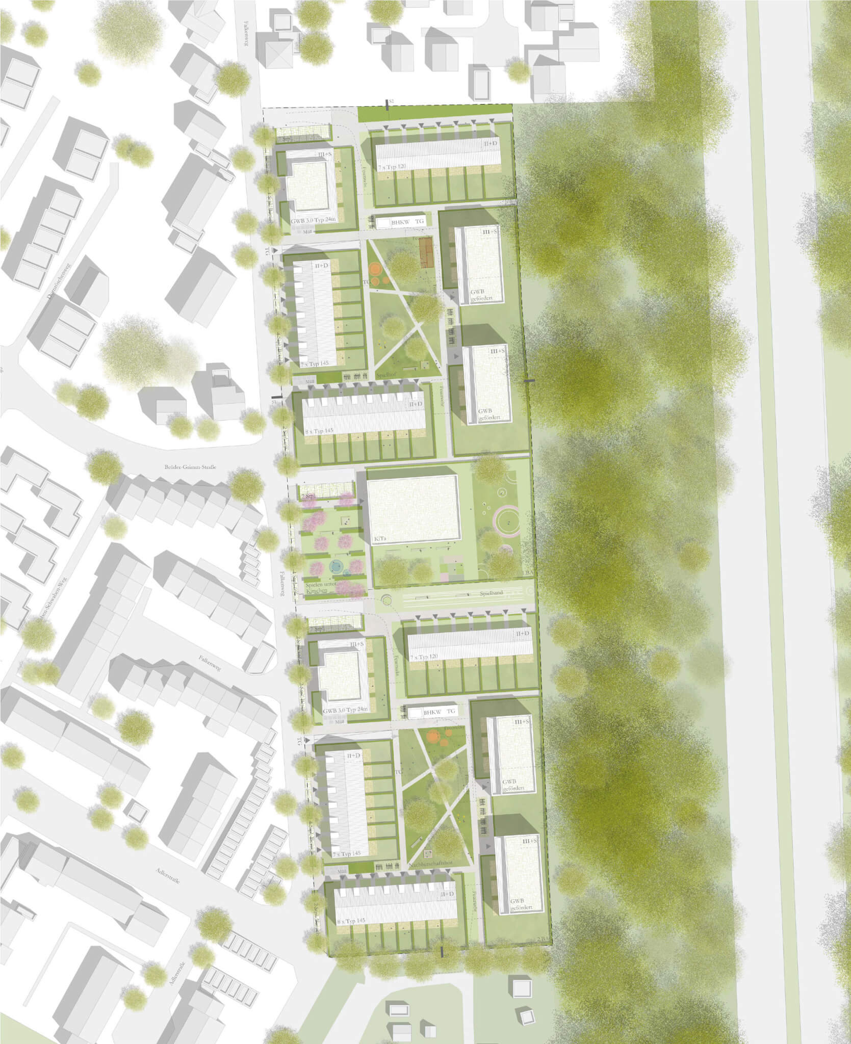 Die Zeichnung zeigt den Lageplan des städtebaulichen Konzepts Wohnbebauung Falkenweg-Rondorf von Damrau Kusserow Architekten