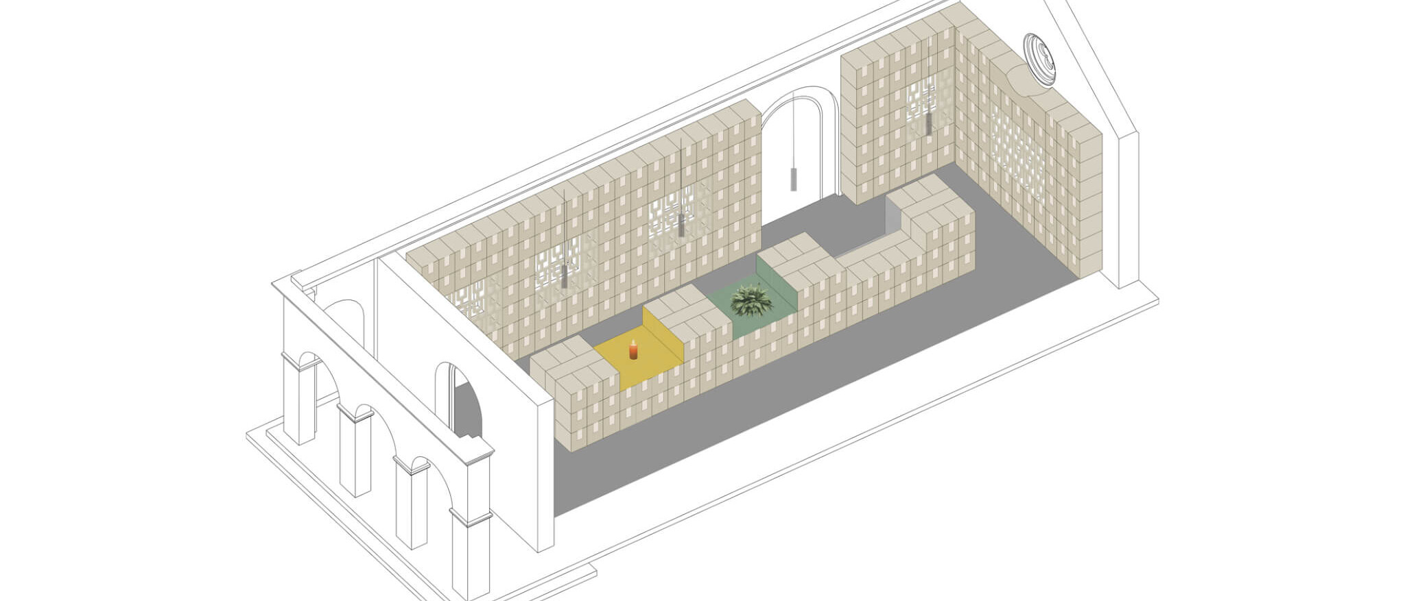 Teaser Axonometrie für den Wettbewerb Kolumbarium auf dem Melaten-Friedhof von Damrau Kusserow Architekten, Köln