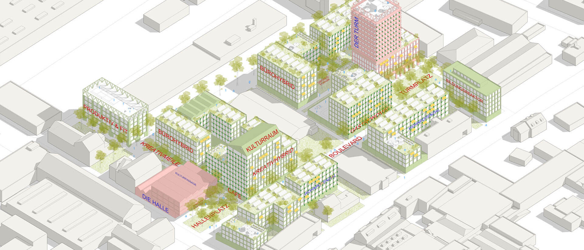 Axonometrie für den Wettbewerb THE WID Gewerbequartier Ehrenfeld von Damrau Kusserow Architekten