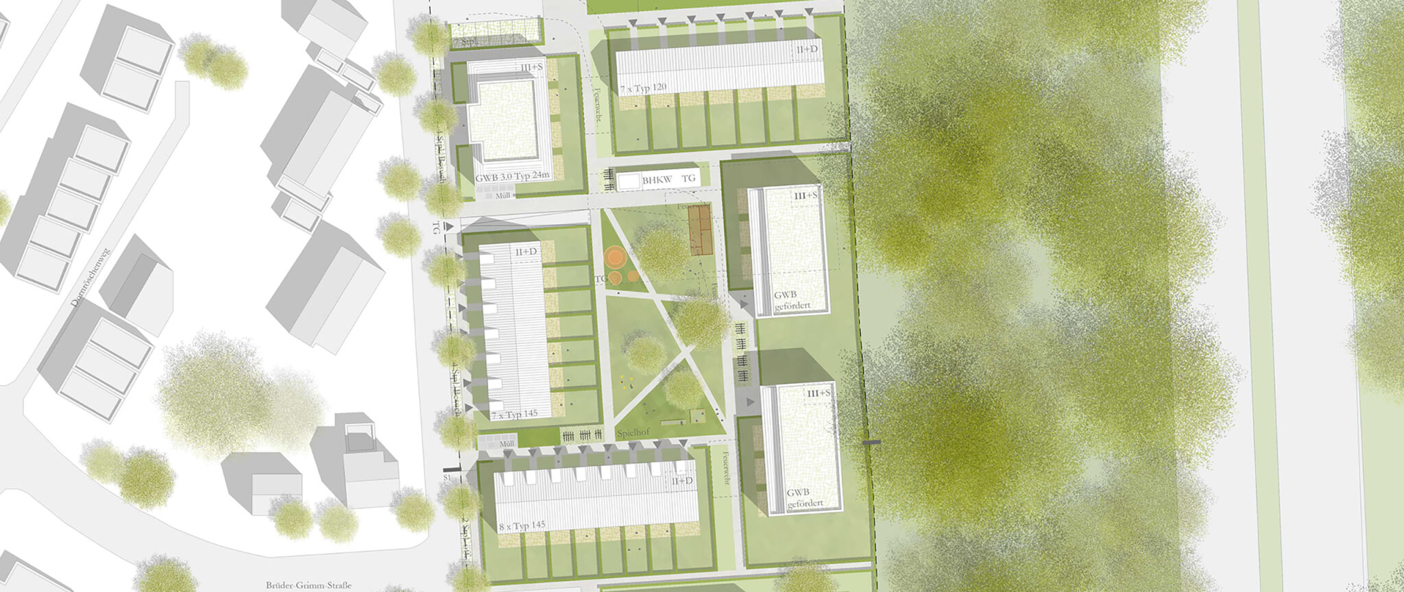 Der Teaser3 zeigt den Lageplan des städtebaulichen Konzepts Wohnbebauung Falkenweg-Rondorf von Damrau Kusserow Architekten