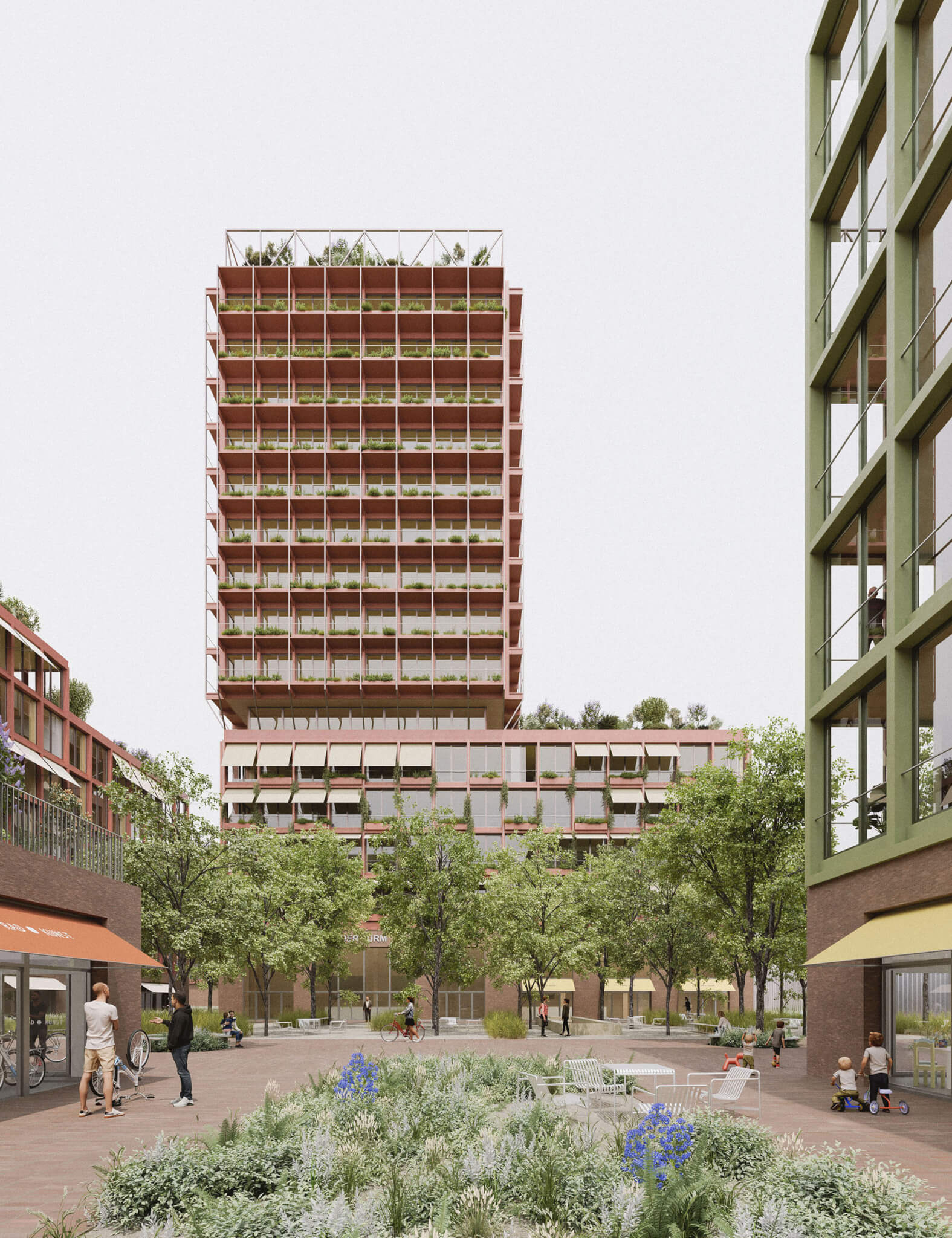 Visualisierung Quartier „Der Turm“ für den Wettbewerb THE WID Gewerbequartier Ehrenfeld von Damrau Kusserow Architekten